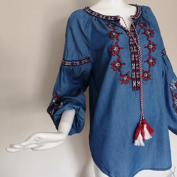 Desigual Denim Blue Blouse with Red Embroidery - Picture 3 of 7